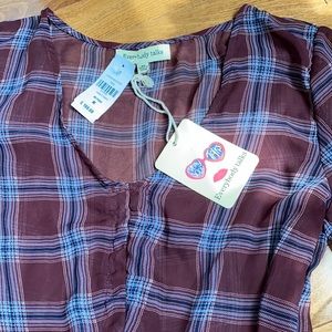 LF Burgundy Plaid Sheer Ruffled Top